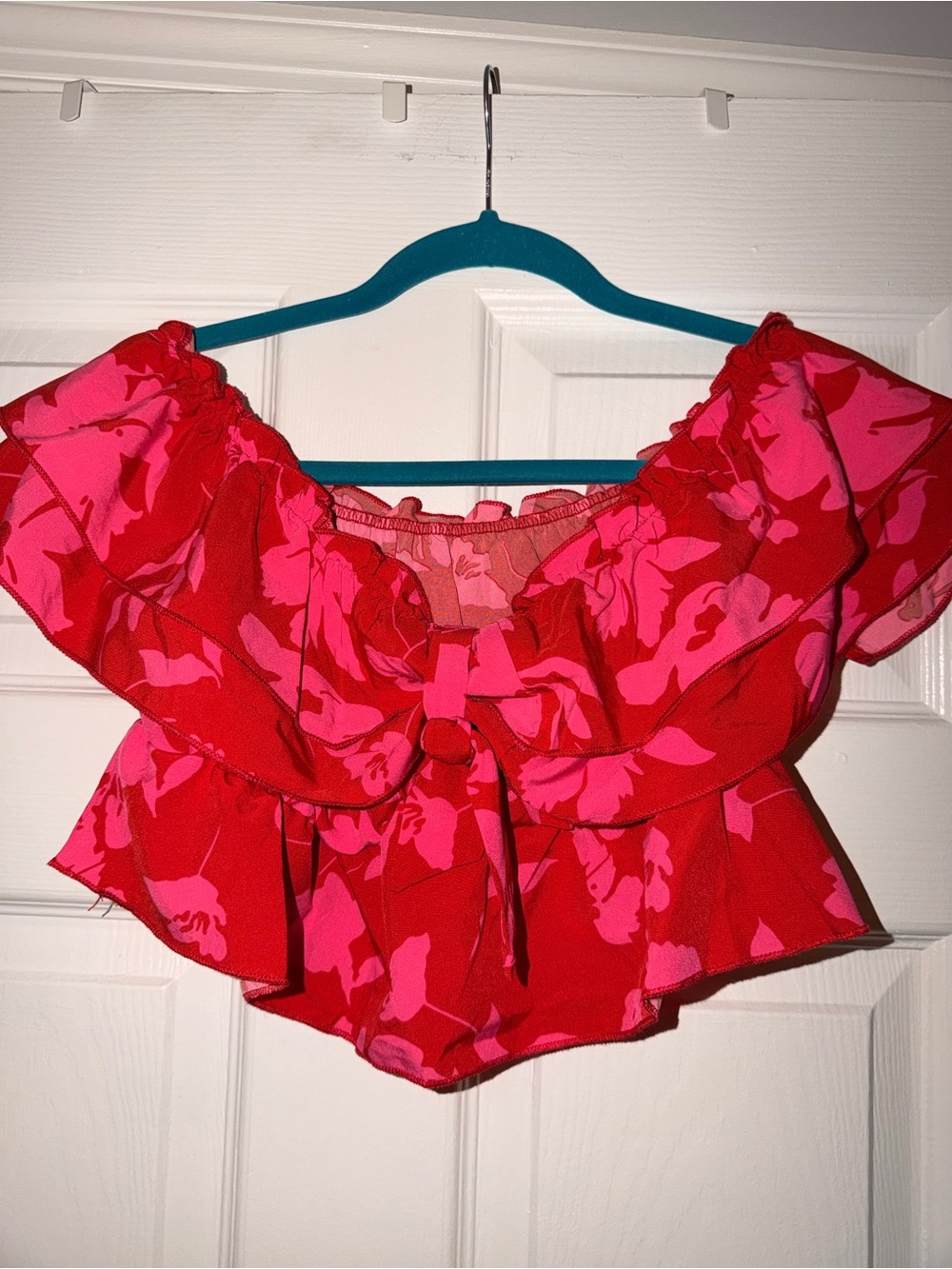 SHEIN Red and Pink Floral Off-Shoulder Ruffle Crop Top